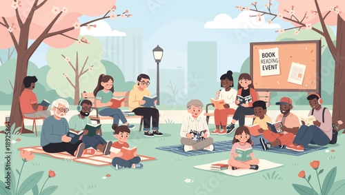 Diverse group of people reading and relaxing together in a vibrant urban park.