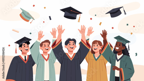 Group of Graduates Celebrating with Caps and Confetti.