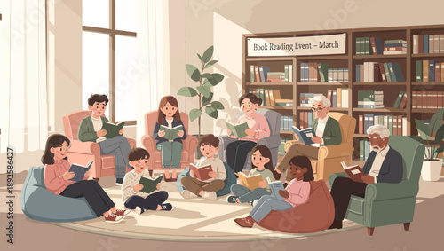 Family and friends reading together in a cozy library setting.