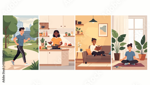 Man engaging in various relaxing activities at home and outdoors.