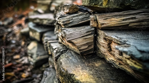 An uneven stack of discolored warped wooden planks showing rough weathered texture and natural grain detail