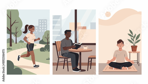 Illustrations of people exercising, working and meditating in different settings.