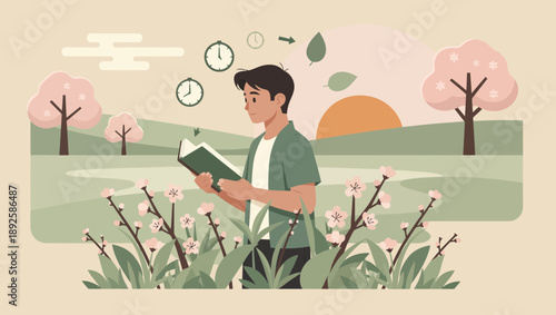 Man reading a book in a serene natural setting with blooming flowers and trees.