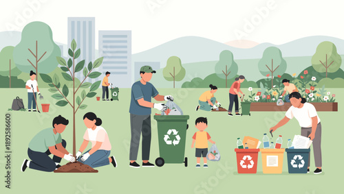 Family recycling and gardening together in a park.