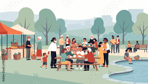 Vibrant community gathering in a serene park setting with picnic and leisure activities.