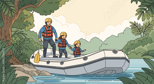 Family on an inflatable boat navigating through a serene jungle river.