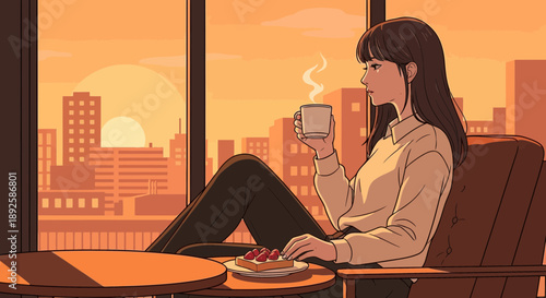 Woman relaxing with coffee and strawberries by the window at sunset.