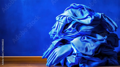 A stack of blue disposable nitrile gloves in bulk packaging sits on a wooden surface with a blue background