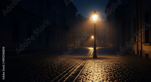Cobblestone street illuminated by a single lamp post at night