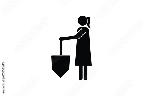 Female worker silhouette holding large shovel tool standing straight professional landscaping gardening concept