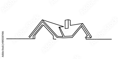 Continuous line drawing of a house silhouette with gabled roof and chimney