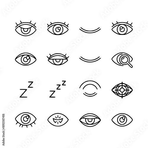Rounded line eye pictogram vector set with open, closed, sleeping, and monitoring symbols