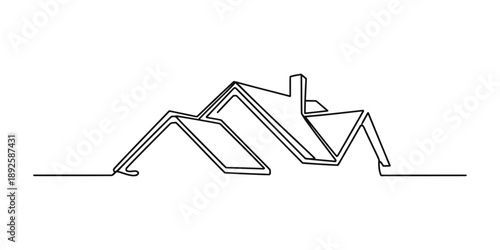 Simple single continuous line drawing capturing the architectural details of a house roof