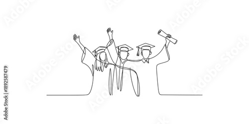 A minimalist single continuous line art drawing of happy graduates celebrating together