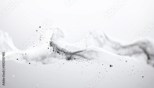 Abstract grayscale image featuring flowing, ethereal form with specks against a white backdrop