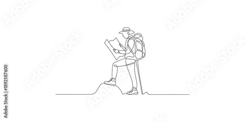 A person hiking with a backpack and walking stick, consulting a map on a continuous line drawing