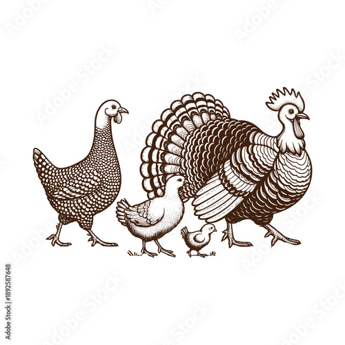 Family of poultry birds including chickens and turkeys