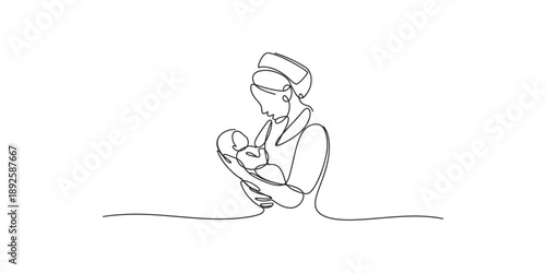 Minimalist continuous line drawing depicting a mother or nurse holding a newborn baby