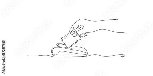 Continuous line drawing of a hand holding a credit card over a pos terminal for a purchase