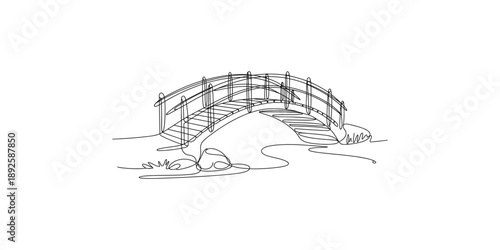 A minimalist single line drawing of an arched footbridge over a stream in a park setting