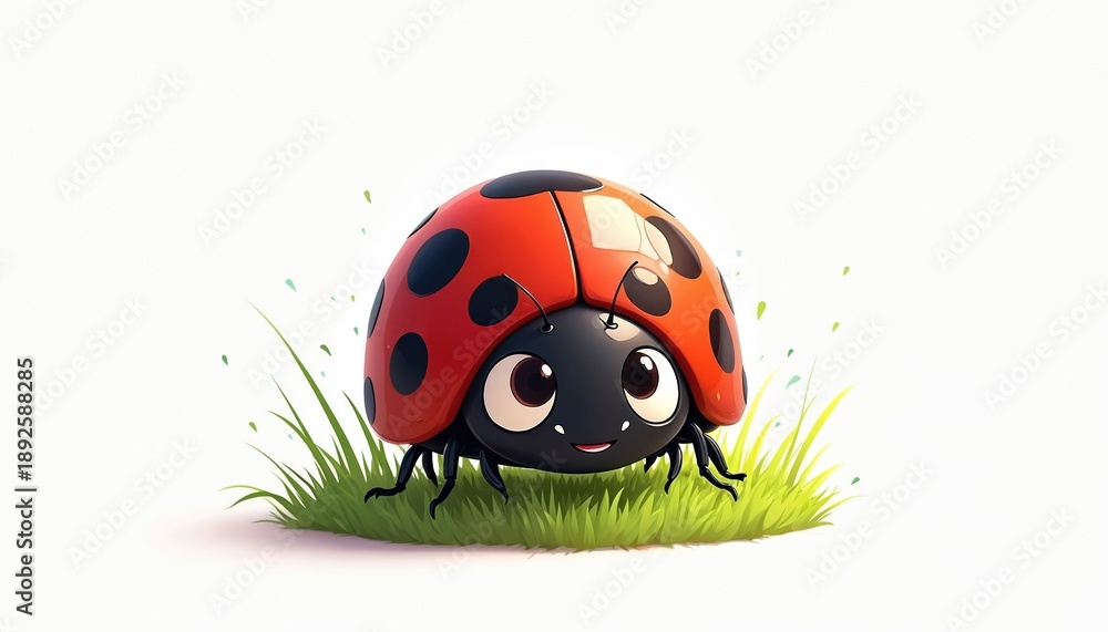 Fototapeta premium Cute cartoon ladybug with big eyes sits on green grass. Small red bug with black spots isolated on white background. This insect illustration brings life and joy to any project.