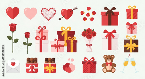 Valentine's Day icons set with hearts, roses, gifts, and chocolates