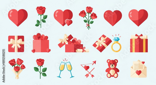 Valentine's Day icons set with hearts, roses, gifts, and romantic symbols