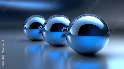 An abstract arrangement of three polished metallic spheres reflecting blue light in a minimalist design