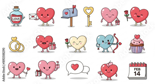 Cute cartoon hearts celebrate Valentine's Day with love symbols