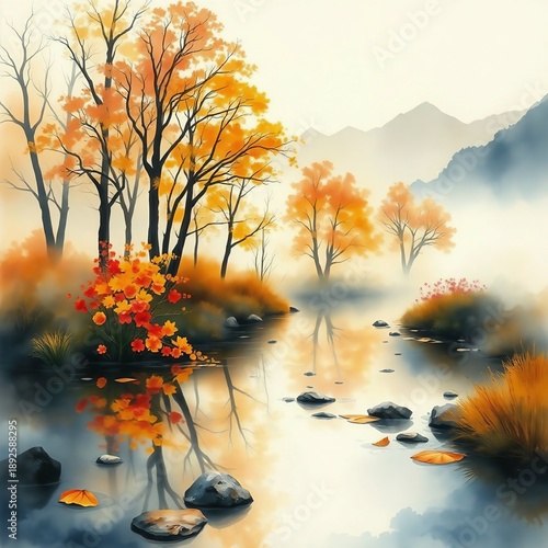 autumn landscape with fog