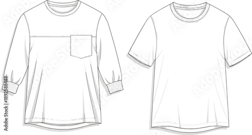 Flat Vector Line Art of Long-Sleeved and Short-Sleeved Men's T-Shirts with Pocket DetailFlat Vector Line Art of Long-Sleeved and Short-Sleeved Men's T-Shirts with Pocket Detail