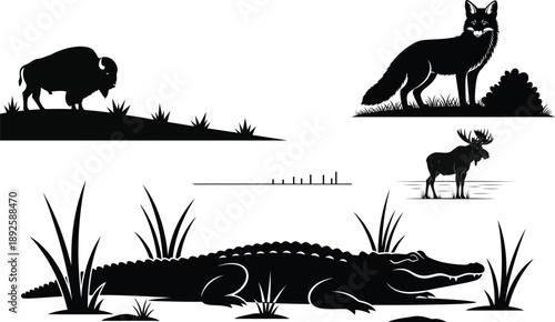 Silhouette of various wildlife animals including bison wolf deer and alligator