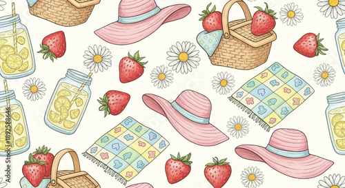 Seamless pattern with hand-drawn picnic items like pink hats, lemonade jars, strawberries, baskets, and daisies on a light background.