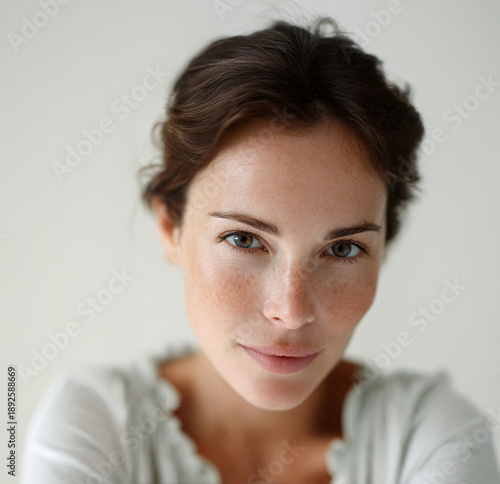Natural Beauty Woman Freckles Looking at Camera. Close up portrait beauty skincare, influencer model. Minimal makeup, calm expression lifestyle branding. Diversity campaign wellness pose, soft focus