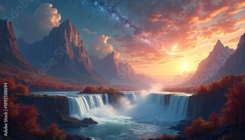 Majestic waterfall cascades down rocky cliffs amidst autumn foliage. Mountains rise in distance under vibrant sunset sky with starry galaxy overhead. Serene natural landscape.