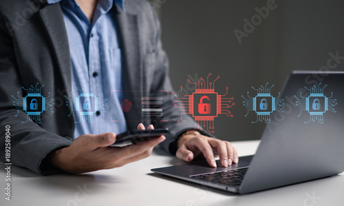 The image displays a breach alert with an unlocked red padlock, signifying a data leak in a secure system, highlighting vulnerability and risk—a key concept in cybersecurity.