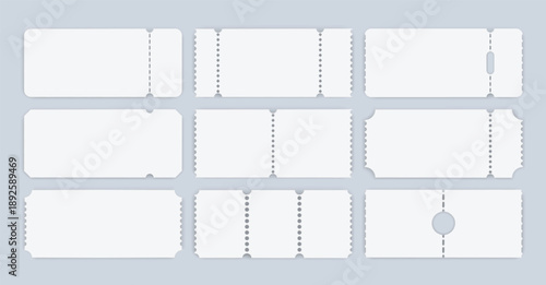 Movie paper ticket. Blank coupon, white voucher badge vector set. Discount cardboard card, empty circus or party tickets, event label frame isolated. Realistic admit one pass mockup