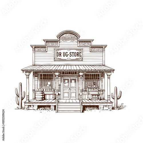 Vintage general store illustration with desert landscape
