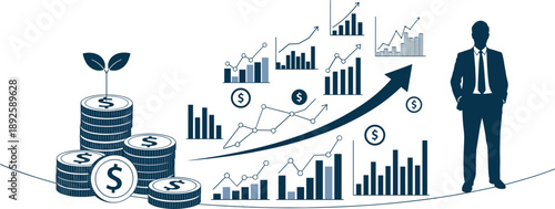 Business finance analytics illustration with stacked coins, growth charts, rising arrow, and businessman silhouette investment concept.