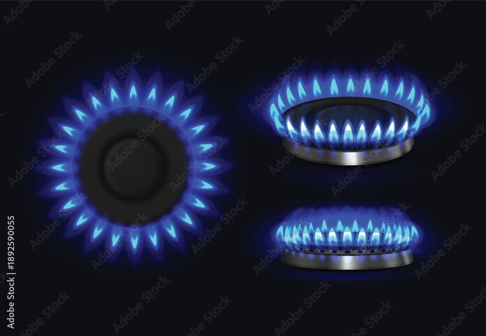 Fototapeta premium Gas stove realistic burner with blue flame top and side view. 3d hob with fire, cooking oven and stovetop power ring. Gas energy heat burner and kitchen cooktop flame. Isolated vector set