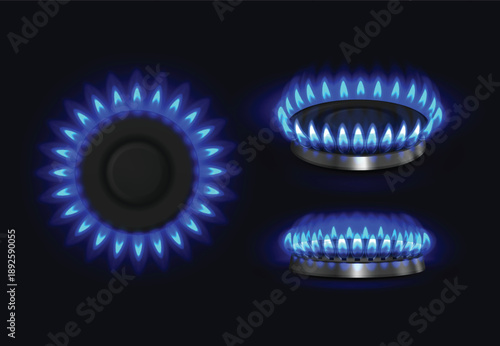 Gas stove realistic burner with blue flame top and side view. 3d hob with fire, cooking oven and stovetop power ring. Gas energy heat burner and kitchen cooktop flame. Isolated vector set