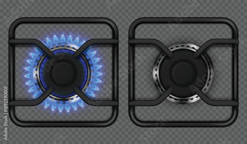 3d hob with fire. Gas stove realistic burner with blue flame top view. Cooking oven and stovetop burning propane ring. Gas energy glowing burner and kitchen cooktop flame. Isolated vector set