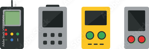 Minimalist Flat Vector Illustration of Retro Handheld Digital Devices and Pocket Game Consoles in Black, Grey, and YellowMinimalist Flat Vector Illustration of Retro Handheld Digital Devices and Pocke