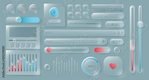 Glass ui glassmorphism with 3d transparent button and liquid box app. Realistic interface progress bar, dashboard panel ux and frosted futuristic style. Glossy hud, glass morphism phone 3 vector set