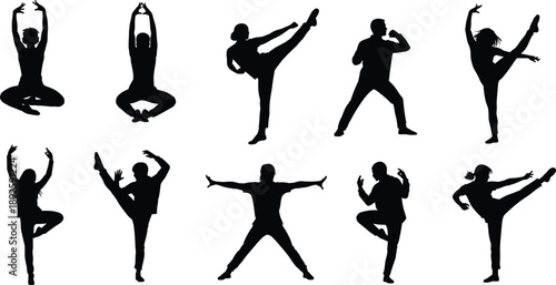 Collection of fitness silhouettes showing yoga poses martial arts kicks and stretching exercises isolated on white background for training balance flexibility strength wellness