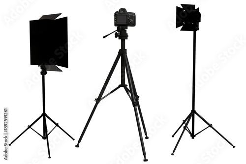Bild auf Leinwand studio setup camera on tripod, rectangular light panel, and another stand