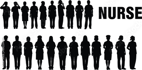 Nurse silhouettes set showing male and female healthcare professionals in standing poses, representing medical staff, hospital workforce diversity, uniformed nursing team icons on white background