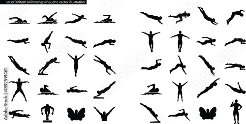 Set of swimming human silhouettes showing freestyle butterfly backstroke diving poses vector illustration isolated on white background for sport training design projects