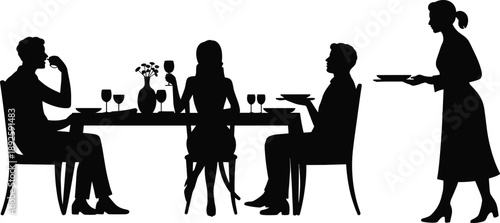 Elegant restaurant silhouettes of people dining at a table while a waitress serves food, enjoying wine and conversation in a stylish social dinner scene