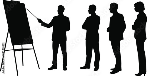 Silhouettes of business professionals attending a presentation with a speaker pointing at a flip chart during a corporate meeting, teamwork training and leadership communication scene